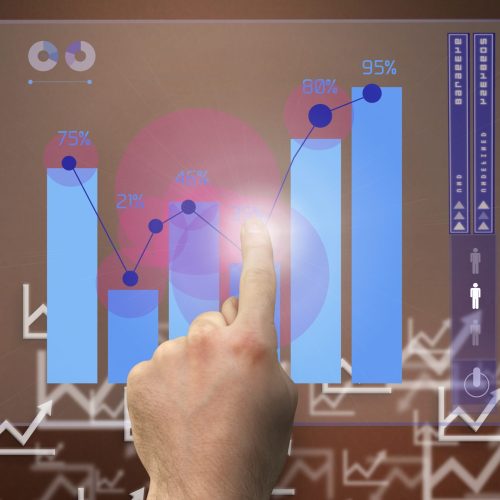 composite of hand pointing at graph with graphs in background